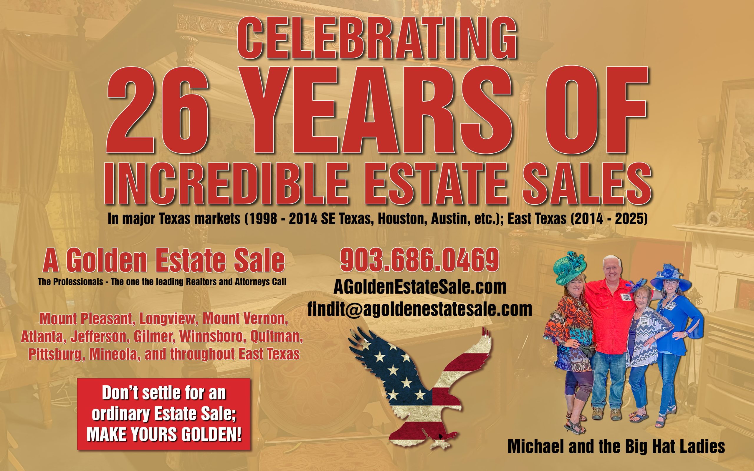 Estate sales in Longview, Mount Pleasant, Atlanta, Mount Vernon, Gilmer, Winnsboro, Pittsburg, Lone Star, and all of East Texas.